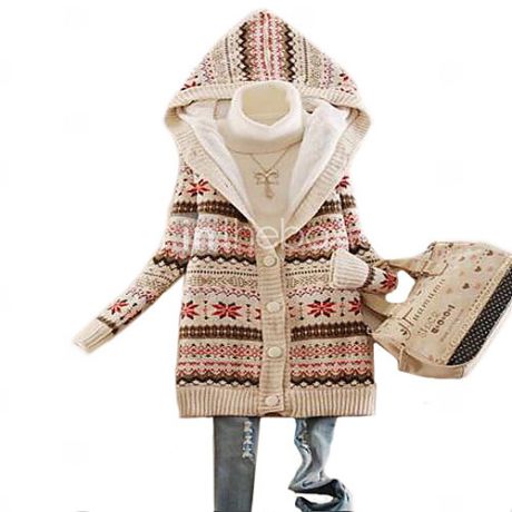 Новый 2014 Женская Снежинка Печатные руно утолщение свитер с капюшоном