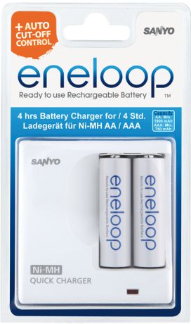 Зарядное устройство SANYO Eneloop MDR02-E-2-4UTGB для 2 или1 акк АА/ААА Ni-MH, 135 мин + 2шт АAА 750 mAh