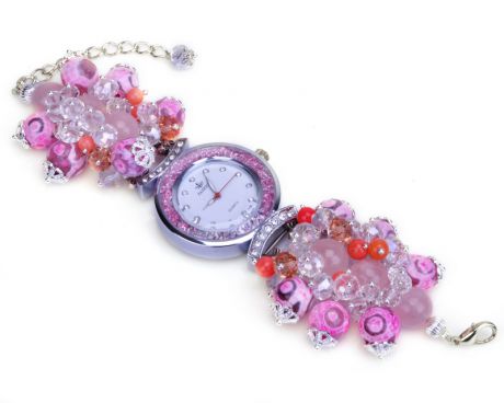 Часы с розовым кварцем, агатом и хрусталем "Богиня Утренней Зари"