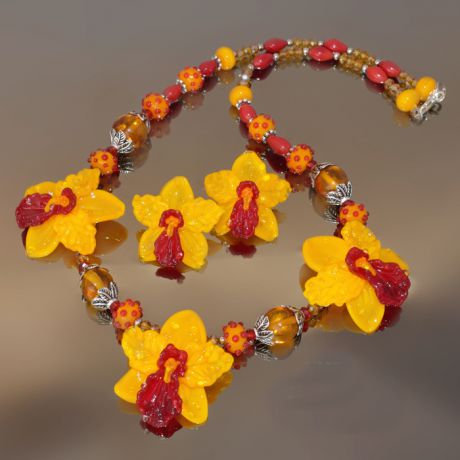 Колье из муранского стекла ручной работы "Желтые Орхидеи"