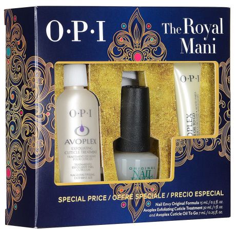 OPI Набор "The Royal Mani": средство для кутикулы "Avoplex", размягчающее, универсальное средство для ногтей "Nail Envy", укрепляющее, масло для кутикулы "Avoplex"