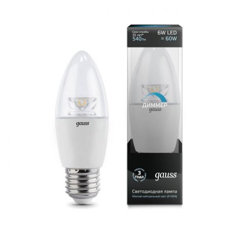 Лампа светодиодная диммируемая E27 6W 4100К свеча прозрачная 103202206-D
