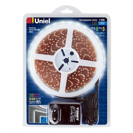 Светодиодная лента Uniel (04693) Готовые решения 5M белый 24W ULS-3528-60LED/m-8mm-IP54-DC12V-NW