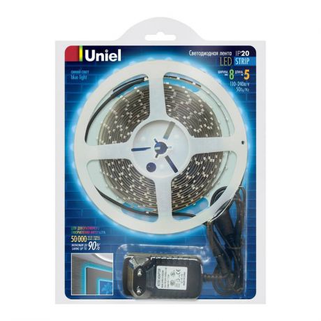 Светодиодная лента Uniel (04690) Готовые решения 5M cиний 24W ULS-3528-60LED/m-8mm-IP20-DC12V-BLUE