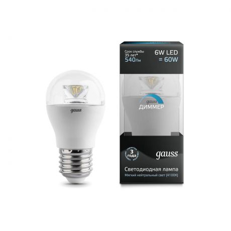 Лампа светодиодная диммируемая E27 6W 4100К шар прозрачный 105202206-D